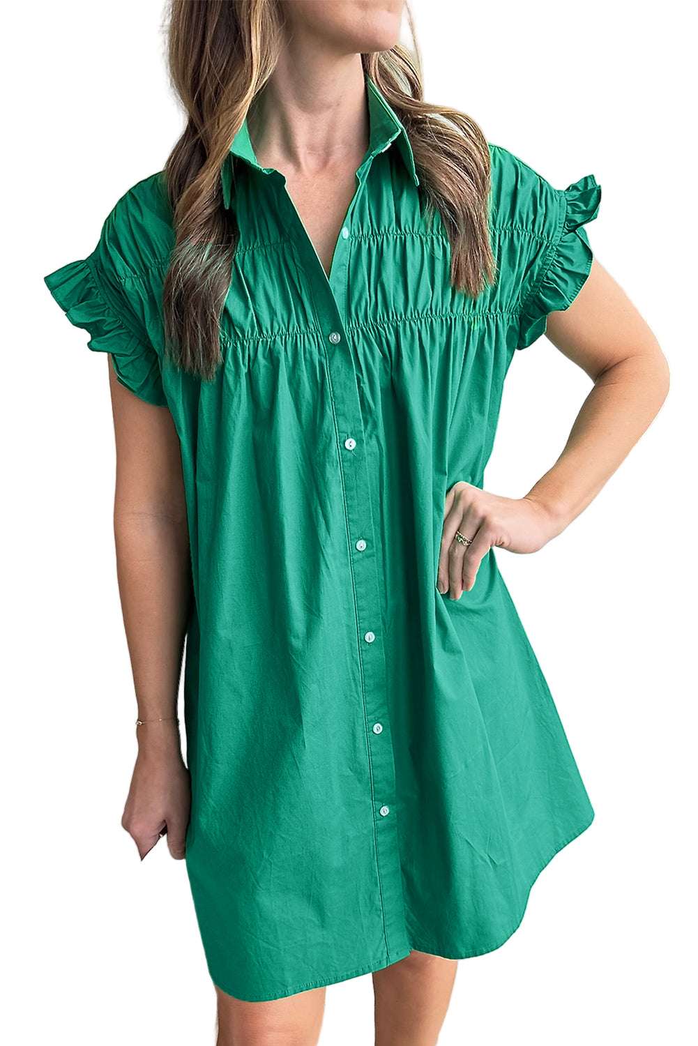 Bright Green Shirred Ruffle Sleeve Button Up Short Dress