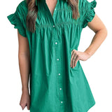 Bright Green Shirred Ruffle Sleeve Button Up Short Dress