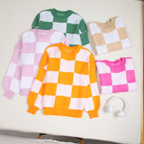 Dark Brown Checkered Bishop Sleeve Sweater