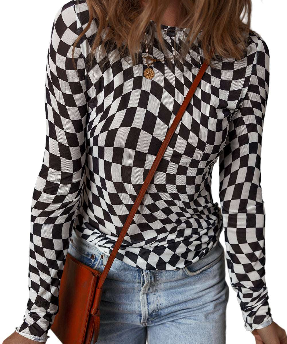 Black Checkered Pattern Mesh Mock Neck Long Sleeve Top