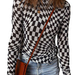 Black Checkered Pattern Mesh Mock Neck Long Sleeve Top