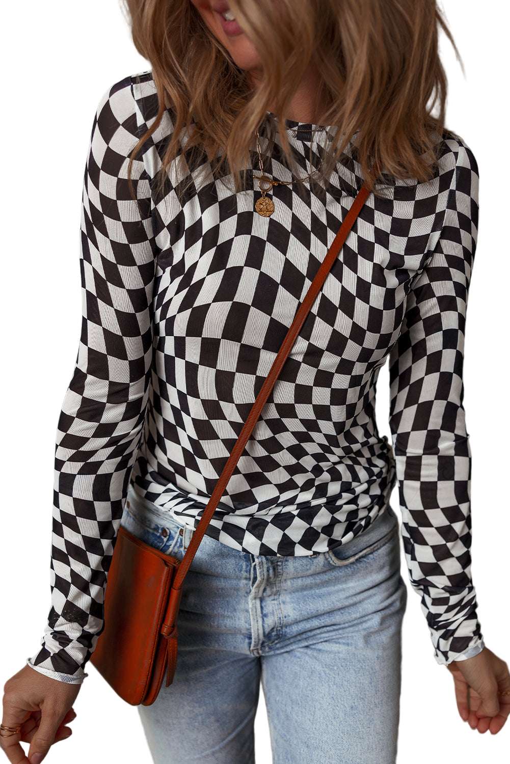 Black Checkered Pattern Mesh Mock Neck Long Sleeve Top
