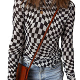 Black Checkered Pattern Mesh Mock Neck Long Sleeve Top