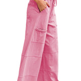 Bonbon Mineral Wash Exposed Seam Drawstring Elastic Waistband Wide Leg Cargo Pants