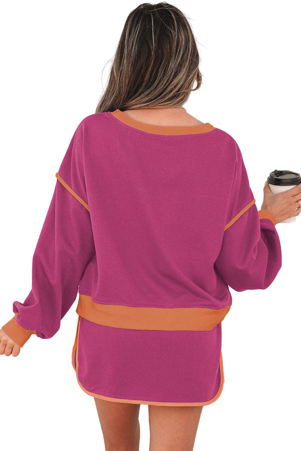 Black Color Contrast Loose Pullover and Lace-up Waist Skort Set