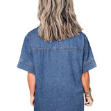 Blue Short Sleeve Collared Patched Pocket Denim Mini Dress