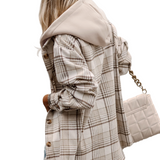 Khaki Plaid Removable Hood Buttoned Shacket