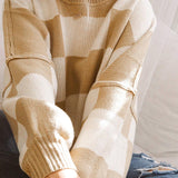 Dark Brown Checkered Bishop Sleeve Sweater