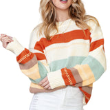 White Striped Color Block Drop Shoulder Knit Sweater
