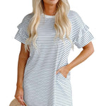 White Stripe Ruffled Short Sleeve Crew Neck T Shirt Shift Mini Dress