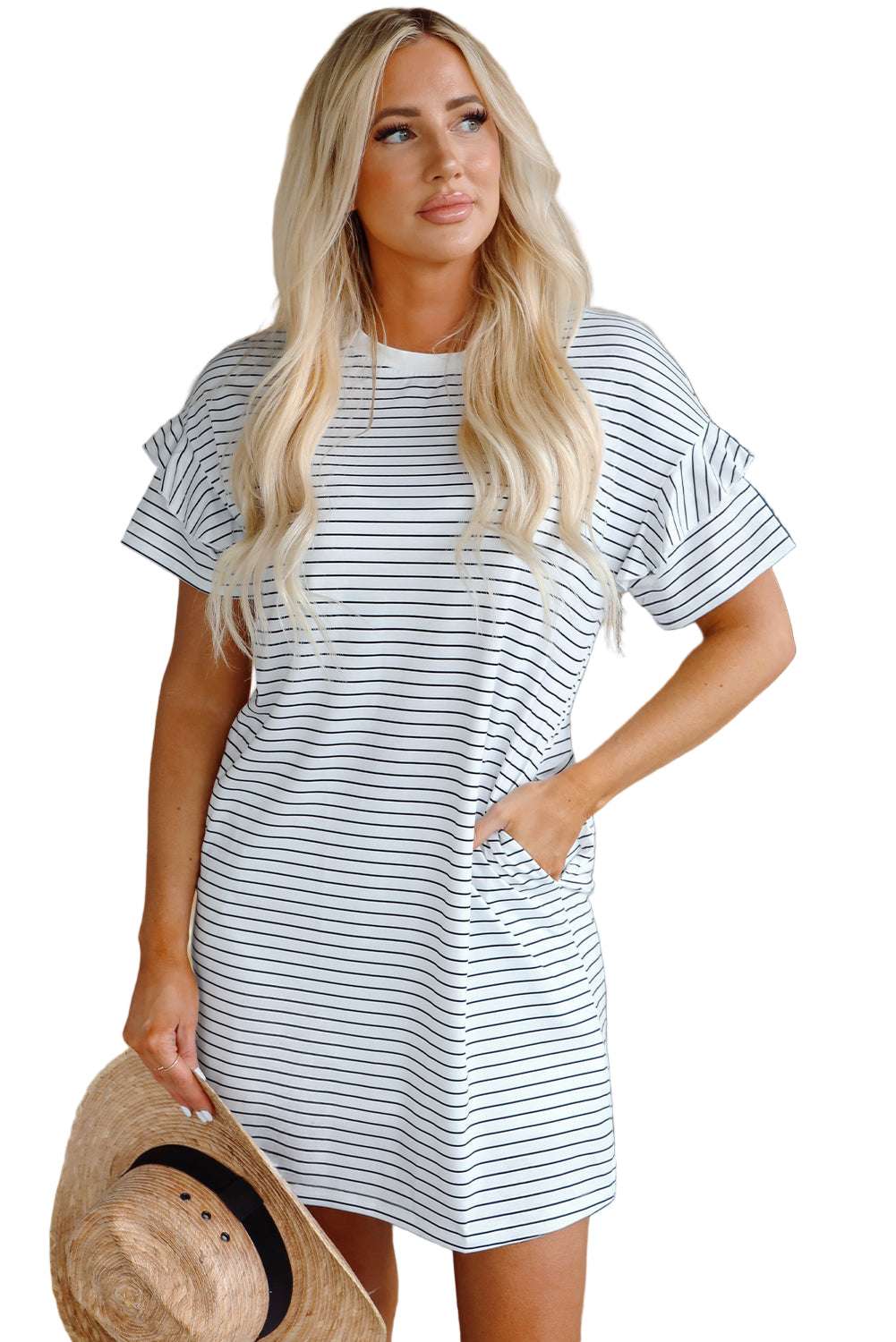 White Stripe Ruffled Short Sleeve Crew Neck T Shirt Shift Mini Dress