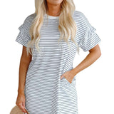 White Stripe Ruffled Short Sleeve Crew Neck T Shirt Shift Mini Dress
