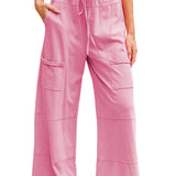 Bonbon Mineral Wash Exposed Seam Drawstring Elastic Waistband Wide Leg Cargo Pants