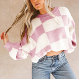 Dark Brown Checkered Bishop Sleeve Sweater