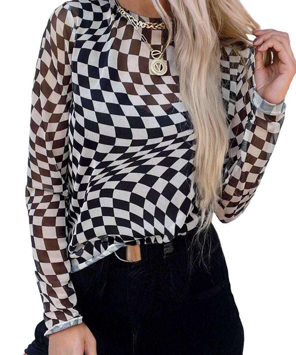Black Checkered Pattern Mesh Mock Neck Long Sleeve Top