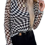 Black Checkered Pattern Mesh Mock Neck Long Sleeve Top