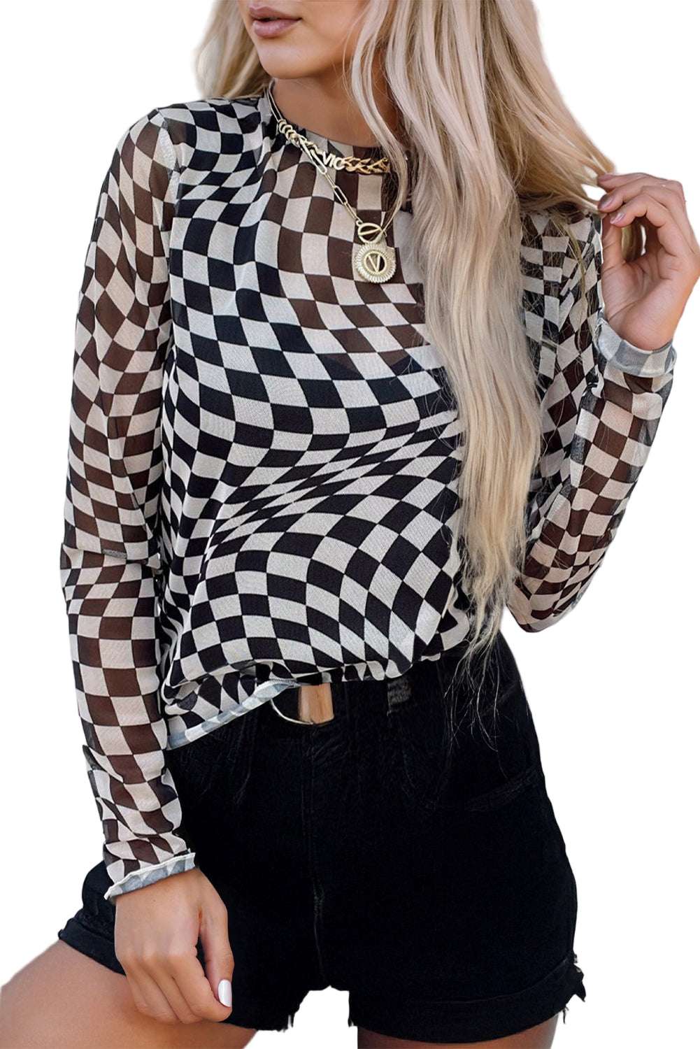 Black Checkered Pattern Mesh Mock Neck Long Sleeve Top