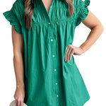 Bright Green Shirred Ruffle Sleeve Button Up Short Dress