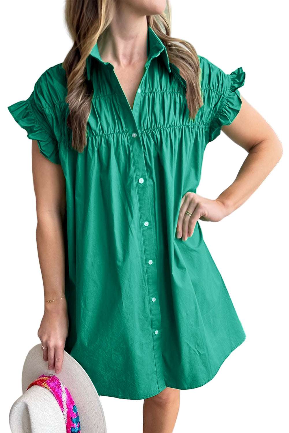 Bright Green Shirred Ruffle Sleeve Button Up Short Dress