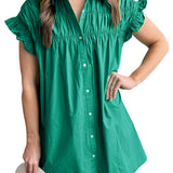 Bright Green Shirred Ruffle Sleeve Button Up Short Dress