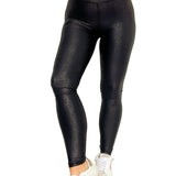Black Crossed Dip Waist Sleek Leather Leggings
