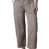 Khaki Leopard Printed Drawstring Elastic Waistband Pocketed Wide Leg Jeans