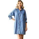 Women's Three-Quarter Sleeve Denim Dress – Ruffle Detail Mid-Length