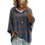 Plaid Knit Hooded Batwing Sweater