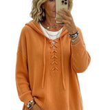 Lace-Up V-Neck Hooded Knit Sweater | Drop Shoulder Oversized Pullover