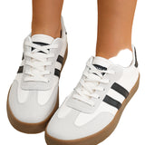 White Striped Lace-up Flat Sneakers