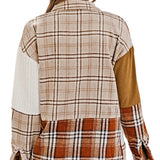 Orange Plaid Color Block Patchwork Shirt Jacket with Pocket