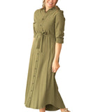 Essential Olive Long Sleeve Linen Shirt Dress