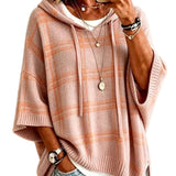 Plaid Knit Hooded Batwing Sweater