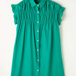 Bright Green Shirred Ruffle Sleeve Button Up Short Dress