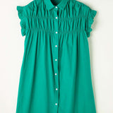 Bright Green Shirred Ruffle Sleeve Button Up Short Dress