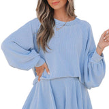 Jet Stream Corded Lantern Sleeve Top High Waist Ruffled Mini Skirt Set