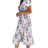 Sky Blue Floral Puff Short Sleeve V Neck High Waist Maxi Dress