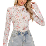 Pink Floral Print Mesh Mock Neck Slim Blouse