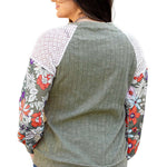 Laurel Green Floral Patchwork Long Sleeve Ribbed Blouse