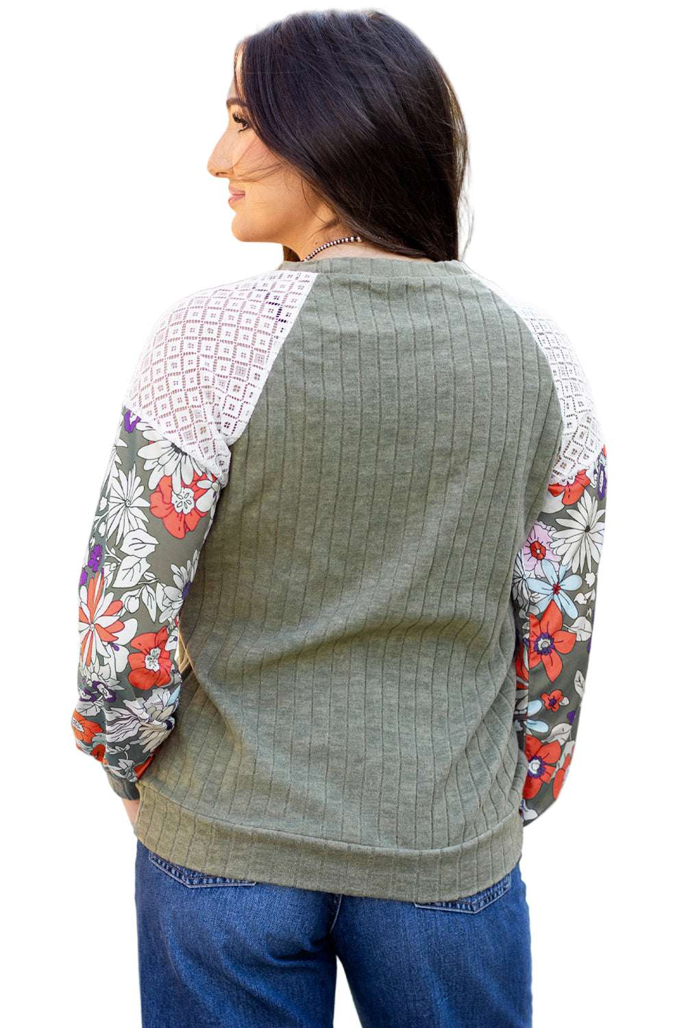 Laurel Green Floral Patchwork Long Sleeve Ribbed Blouse