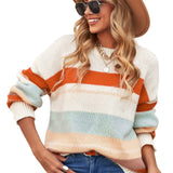 White Striped Color Block Drop Shoulder Knit Sweater