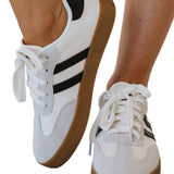 White Striped Lace Up Flat Sneakers