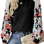 Laurel Green Floral Patchwork Long Sleeve Ribbed Blouse