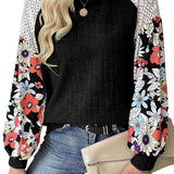 Laurel Green Floral Patchwork Long Sleeve Ribbed Blouse