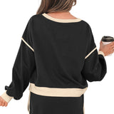 Black Color Contrast Loose Pullover and Lace-up Waist Skort Set