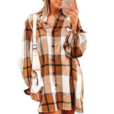 Khaki Plaid Pattern Collared Neck Ruffled Sleeve Shirt Dress