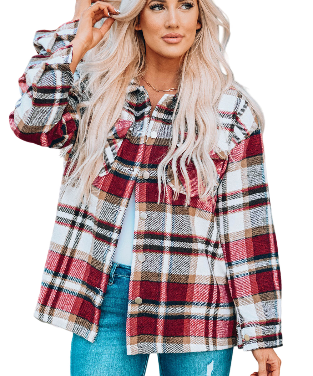 Geometric Plaid Print Pocketed Shacket