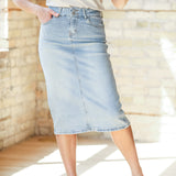 Greta Light Wash Midi Denim Skirt