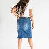 Hadley High Rise Denim Midi Skirt