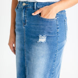 Hadley High Rise Denim Midi Skirt